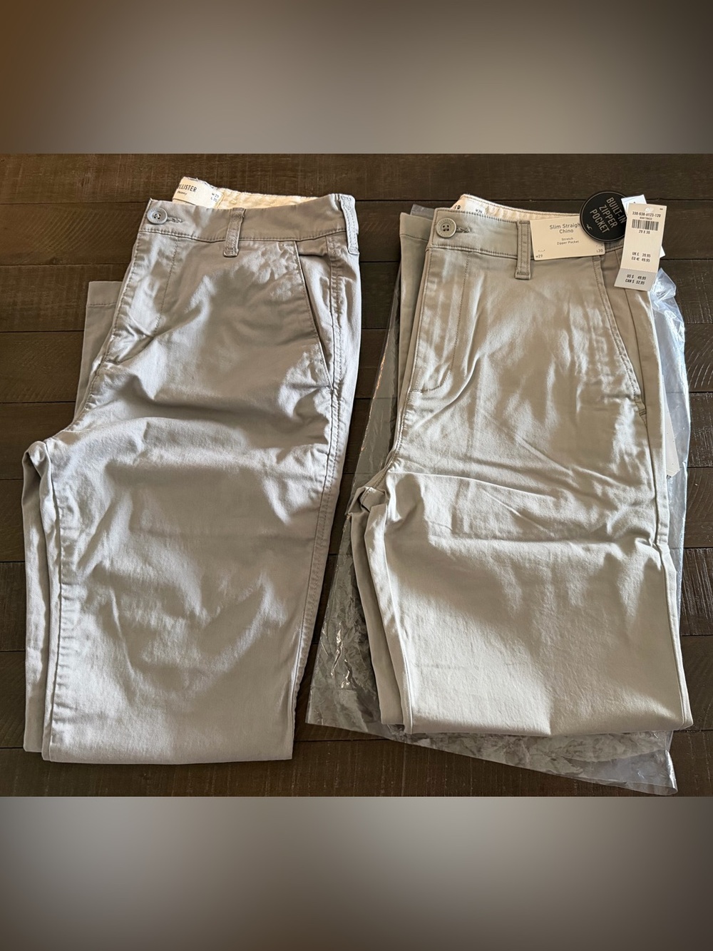 2 pair Men's Hollister Slim Straight Chino Pants 29x30 in grey & light grey NWT